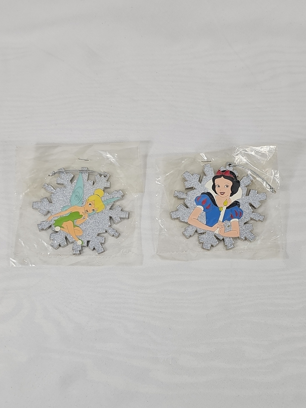 Disney Tinkerbell and Snow White Snowflake Ornaments - Silver Glitter